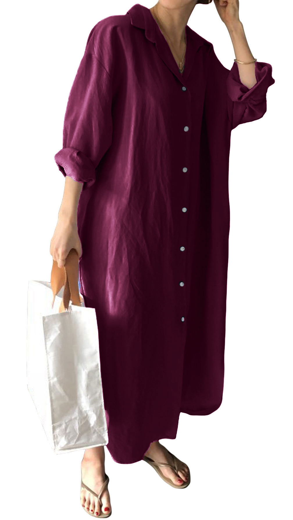 GGUHHU Womens Chic Button Down Rolled-Up Sleeve Long Cotton Blouse Maxi Dress